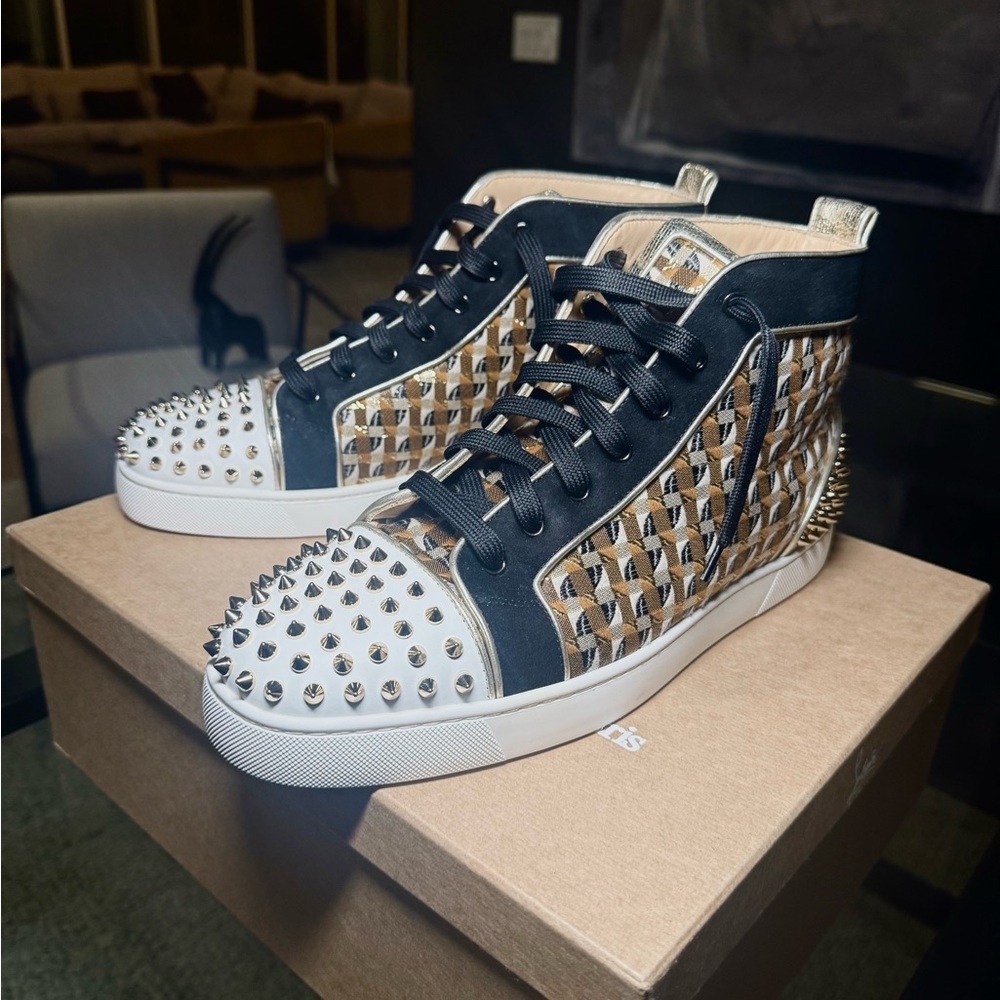 Christian Louboutin Black and Tan Spiked High-Top Sneakers